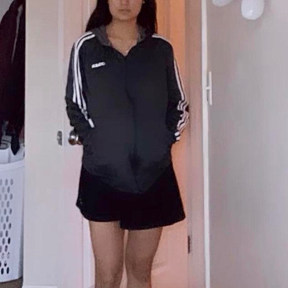 Adidas striped zip up hoodie in gray.